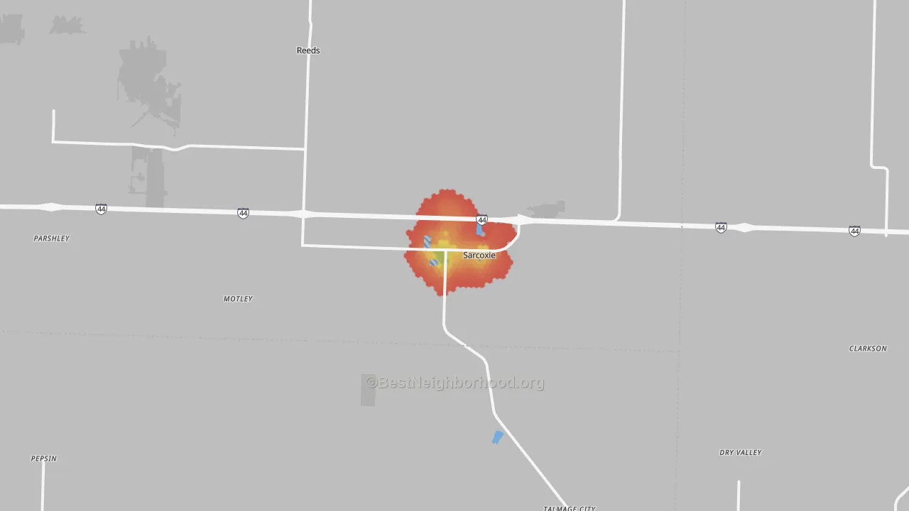 Walk Grade map of Sarcoxie, MO, walkable areas in green and car-dependent areas in red