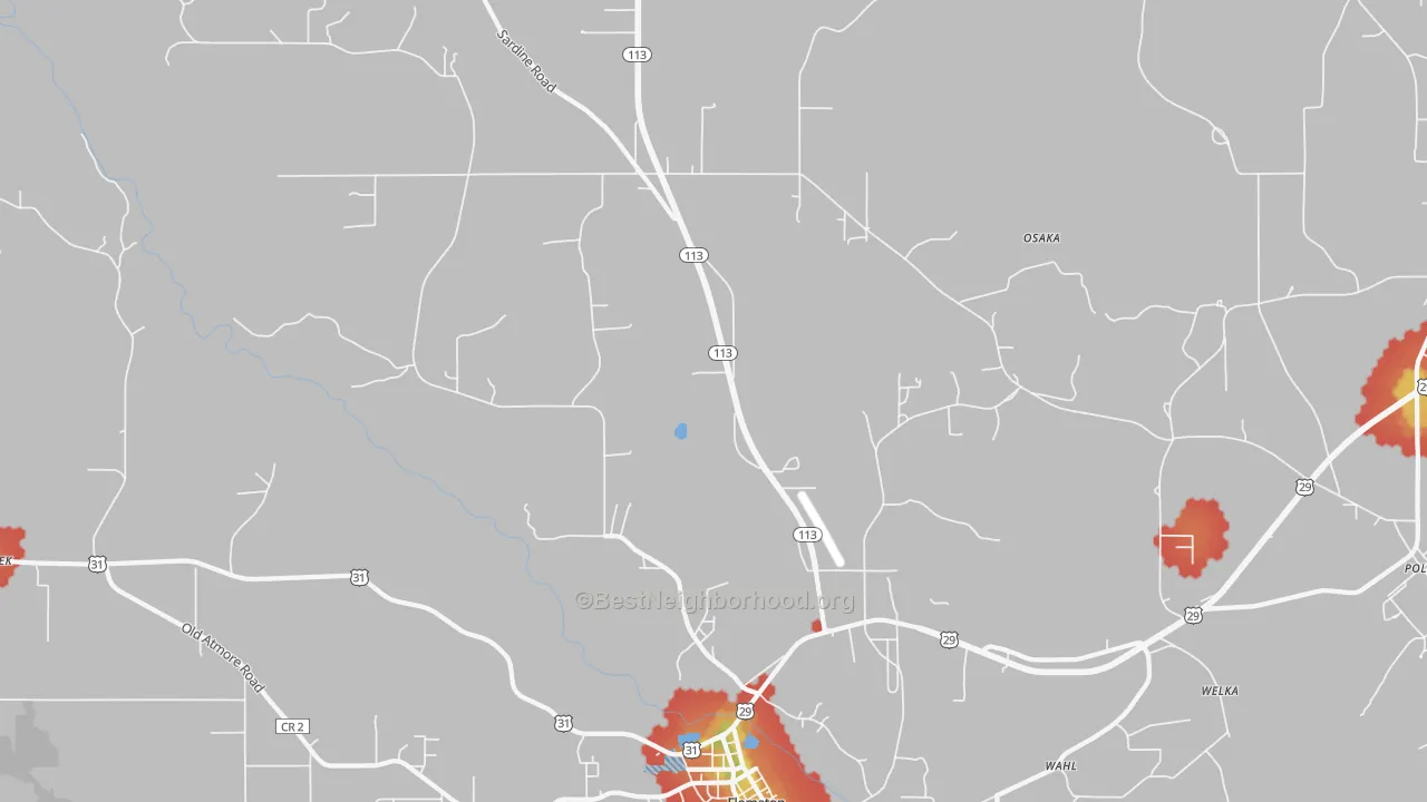 Walk Grade map of Sardine, AL, walkable areas in green and car-dependent areas in red