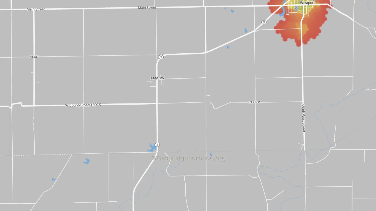 Walk Grade map of Sardinia, IN, walkable areas in green and car-dependent areas in red
