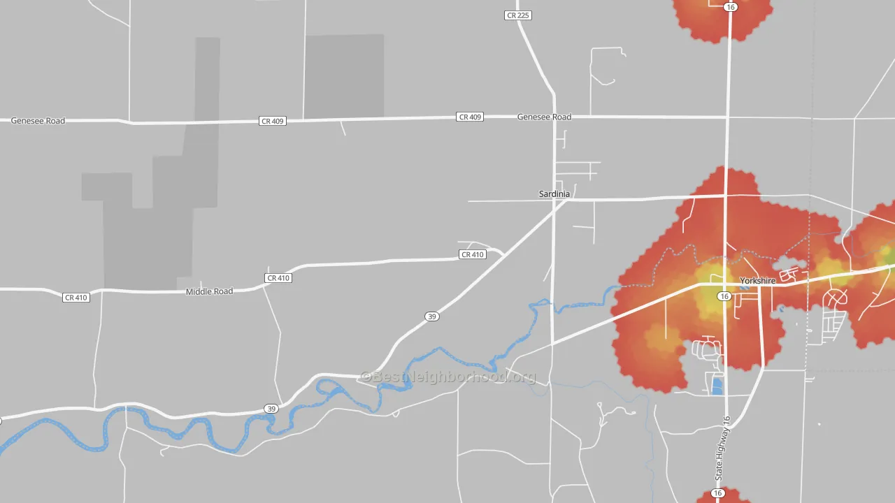 Walk Grade map of Sardinia, NY, walkable areas in green and car-dependent areas in red