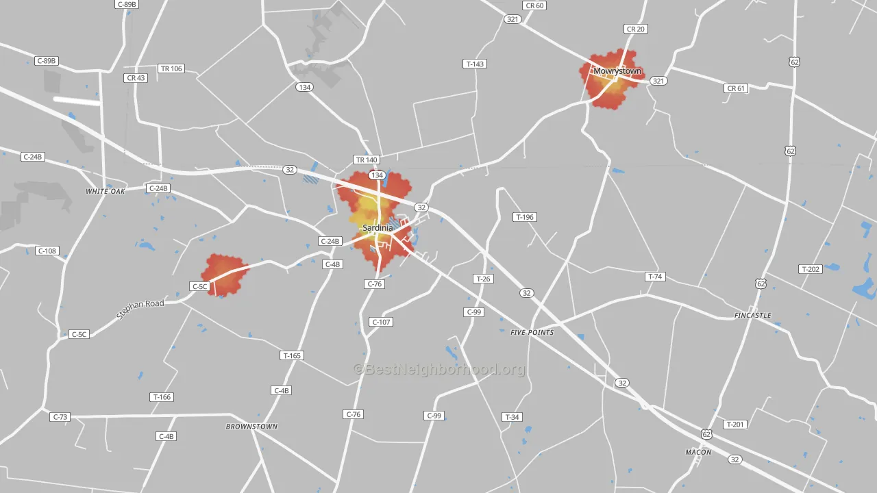 Walk Grade map of Sardinia, OH, walkable areas in green and car-dependent areas in red