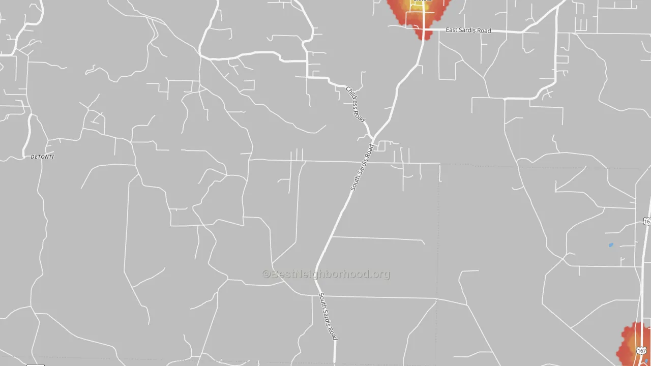 Walk Grade map of Sardis, AR, walkable areas in green and car-dependent areas in red