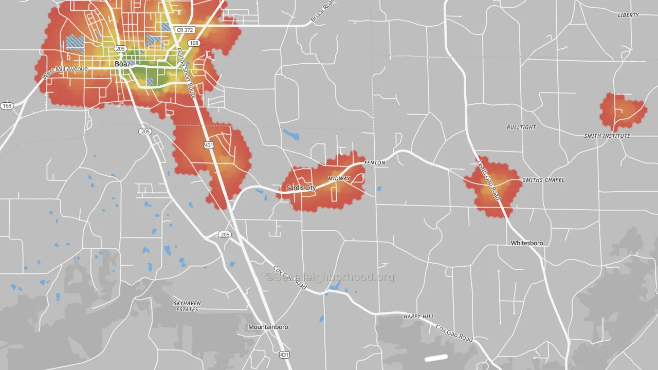 Walk Grade map of Sardis City, AL, walkable areas in green and car-dependent areas in red