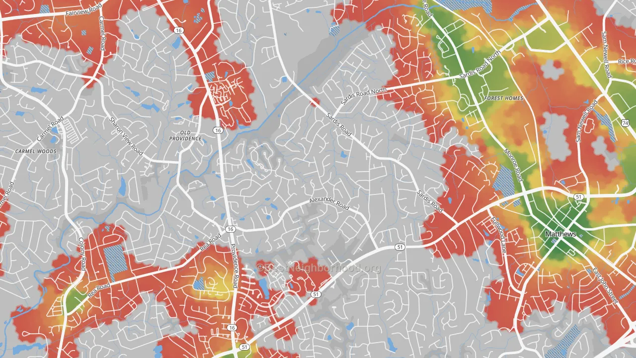 Walk Grade map of Sardis Forest, Charlotte, NC, walkable areas in green and car-dependent areas in red