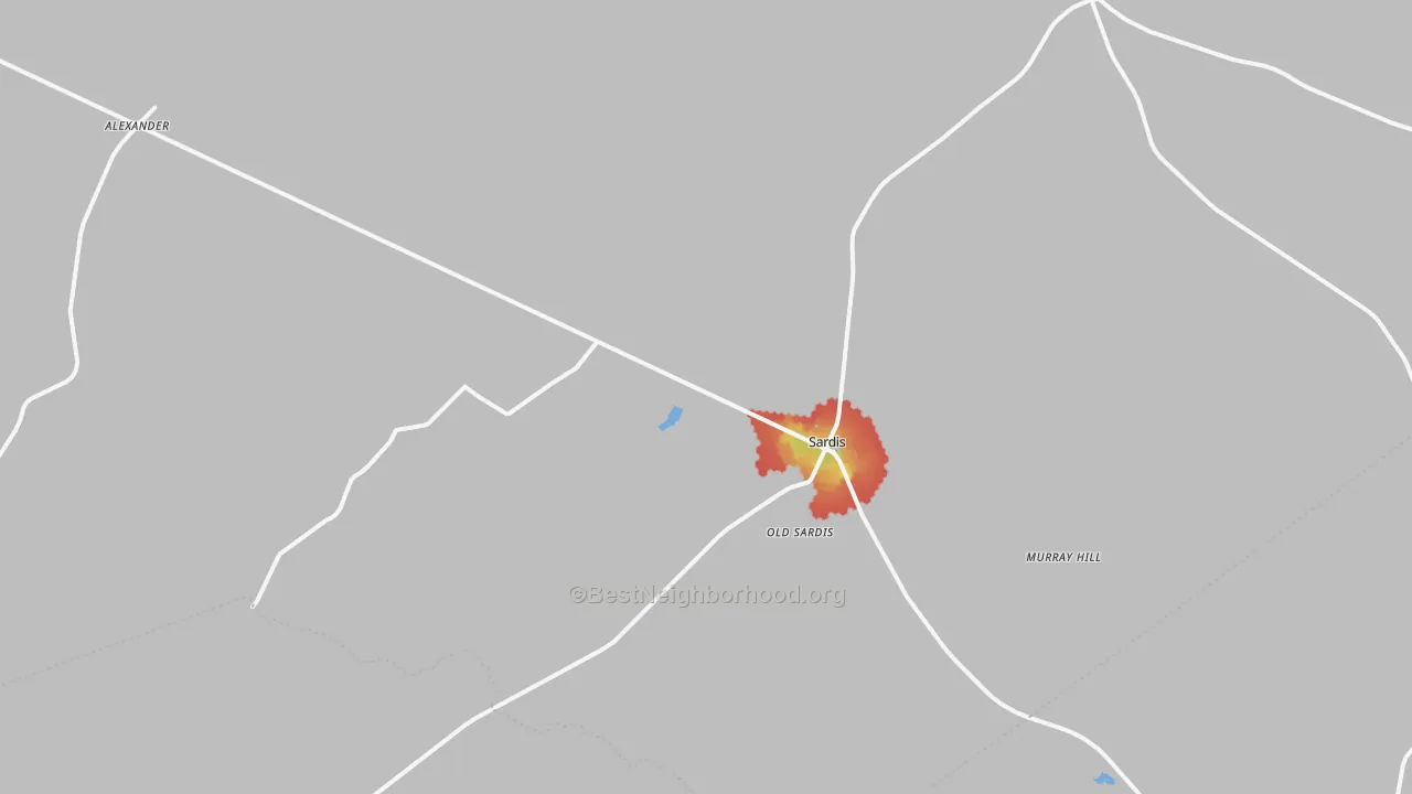 Walk Grade map of Sardis, GA, walkable areas in green and car-dependent areas in red