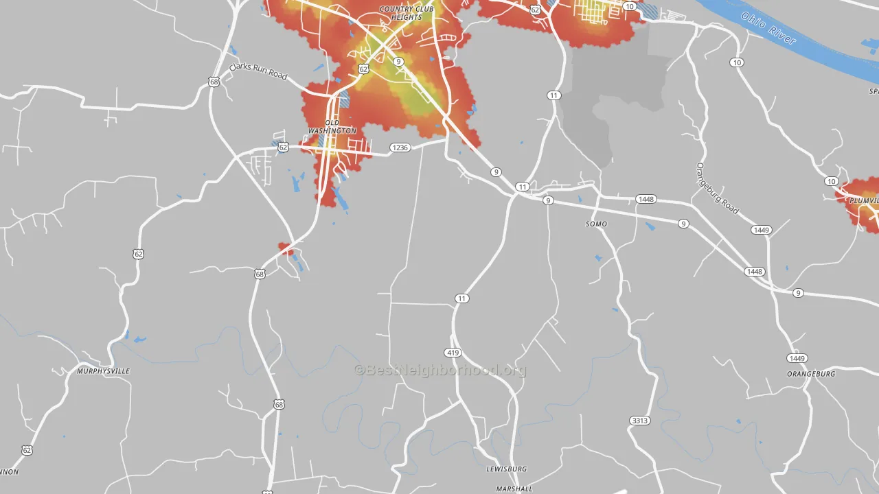 Walk Grade map of Sardis, KY, walkable areas in green and car-dependent areas in red