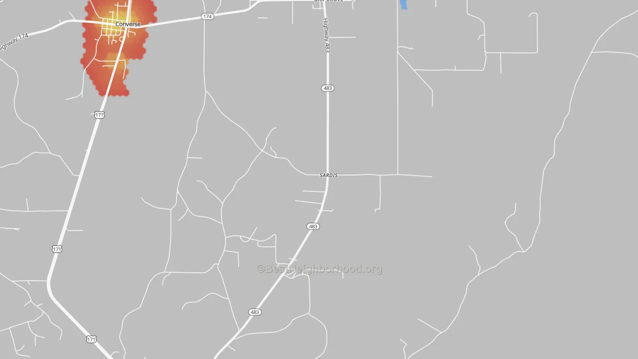 Walk Grade map of Sardis, LA, walkable areas in green and car-dependent areas in red
