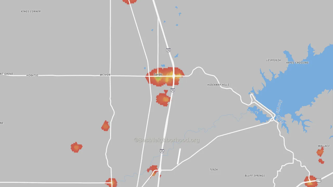 Walk Grade map of Sardis, MS, walkable areas in green and car-dependent areas in red