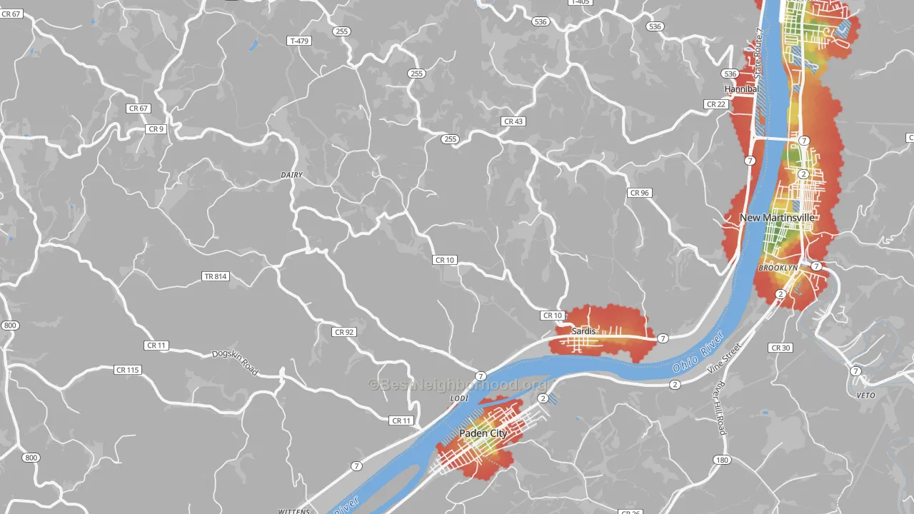 Walk Grade map of Sardis, OH, walkable areas in green and car-dependent areas in red