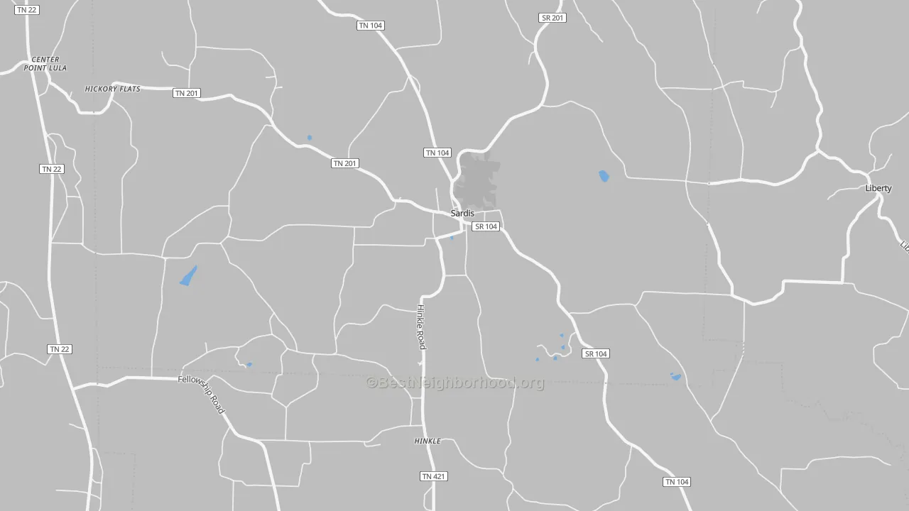 Walk Grade map of Sardis, TN, walkable areas in green and car-dependent areas in red