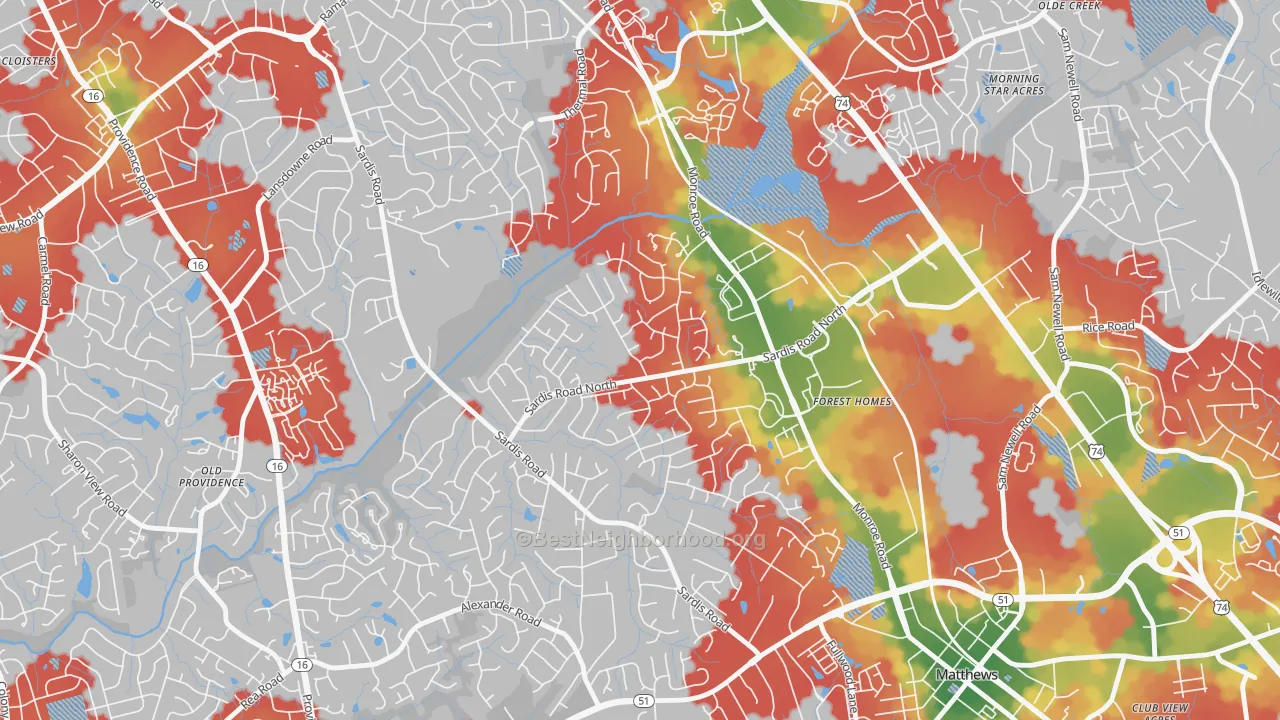 Walk Grade map of Sardis Woods, Charlotte, NC, walkable areas in green and car-dependent areas in red
