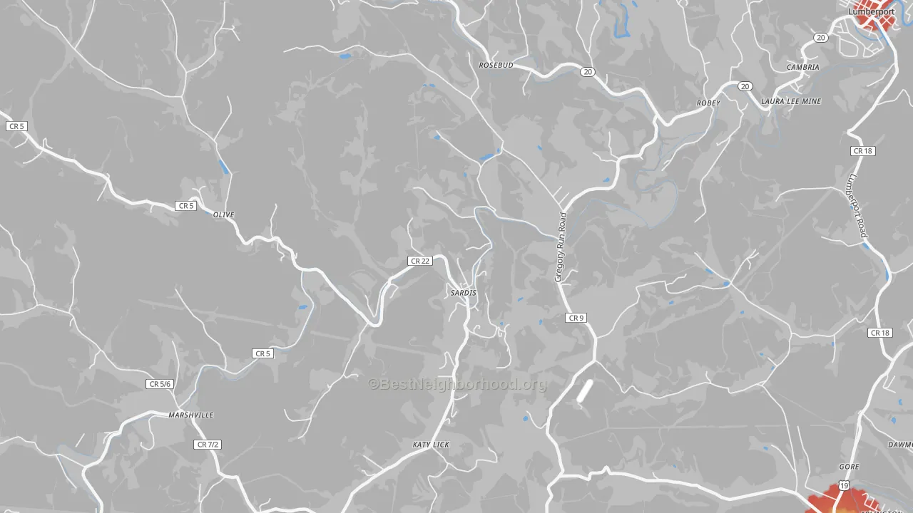 Walk Grade map of Sardis, WV, walkable areas in green and car-dependent areas in red
