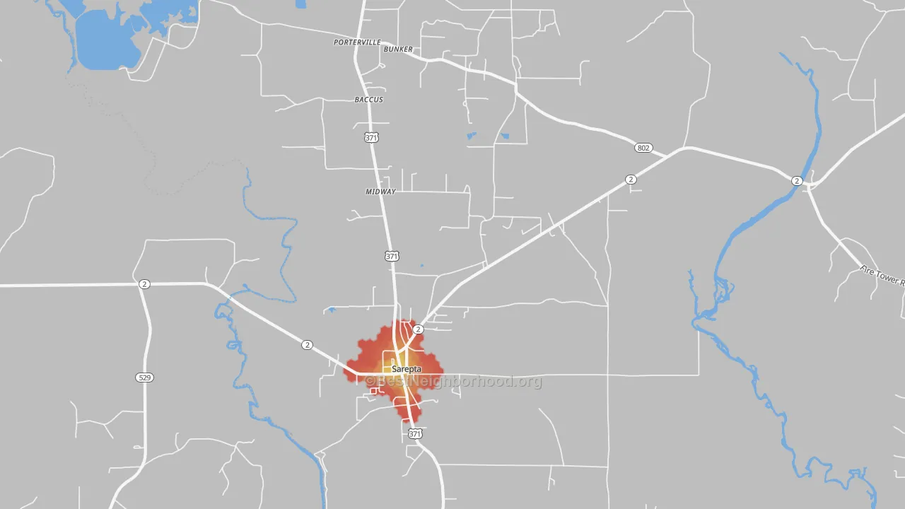 Walk Grade map of Sarepta, LA, walkable areas in green and car-dependent areas in red