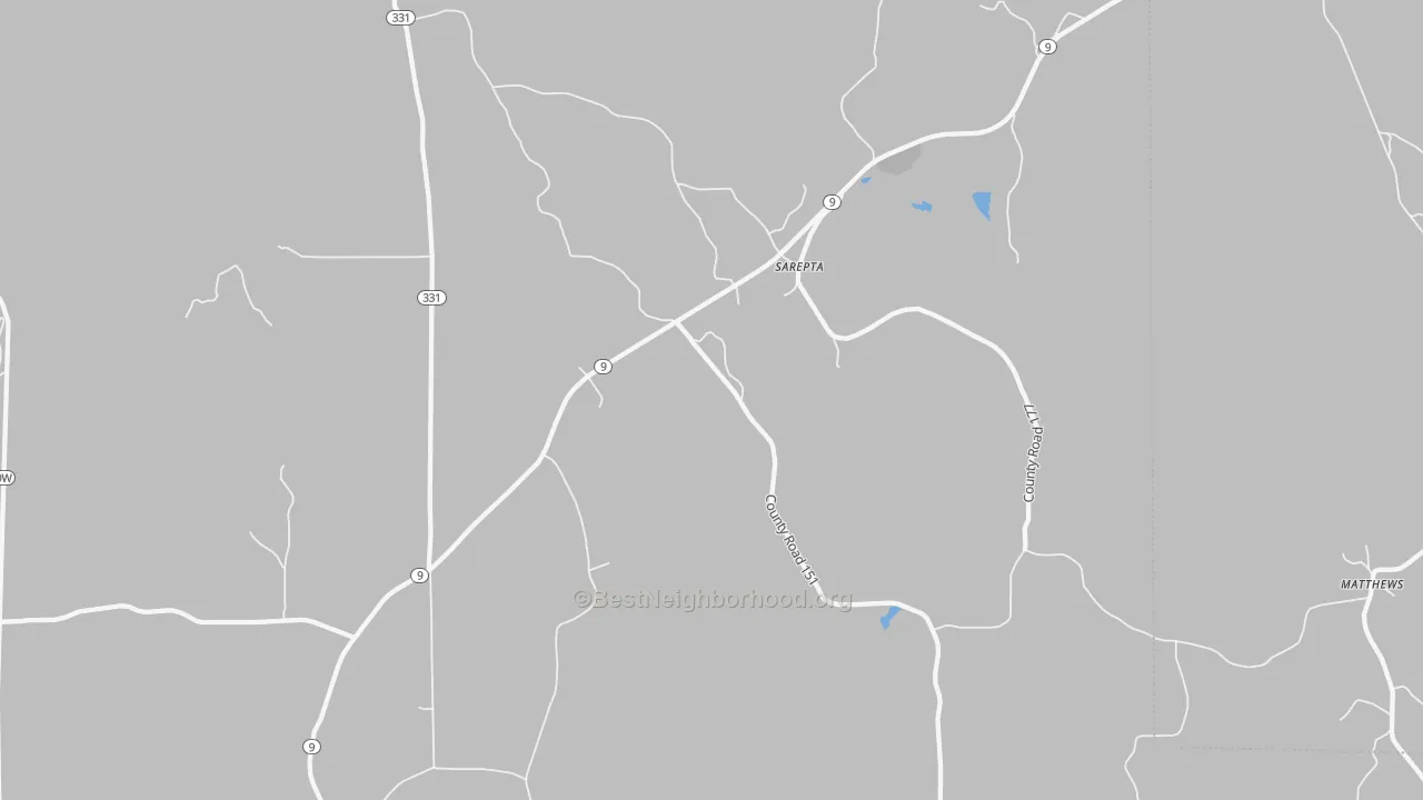 Walk Grade map of Sarepta, MS, walkable areas in green and car-dependent areas in red