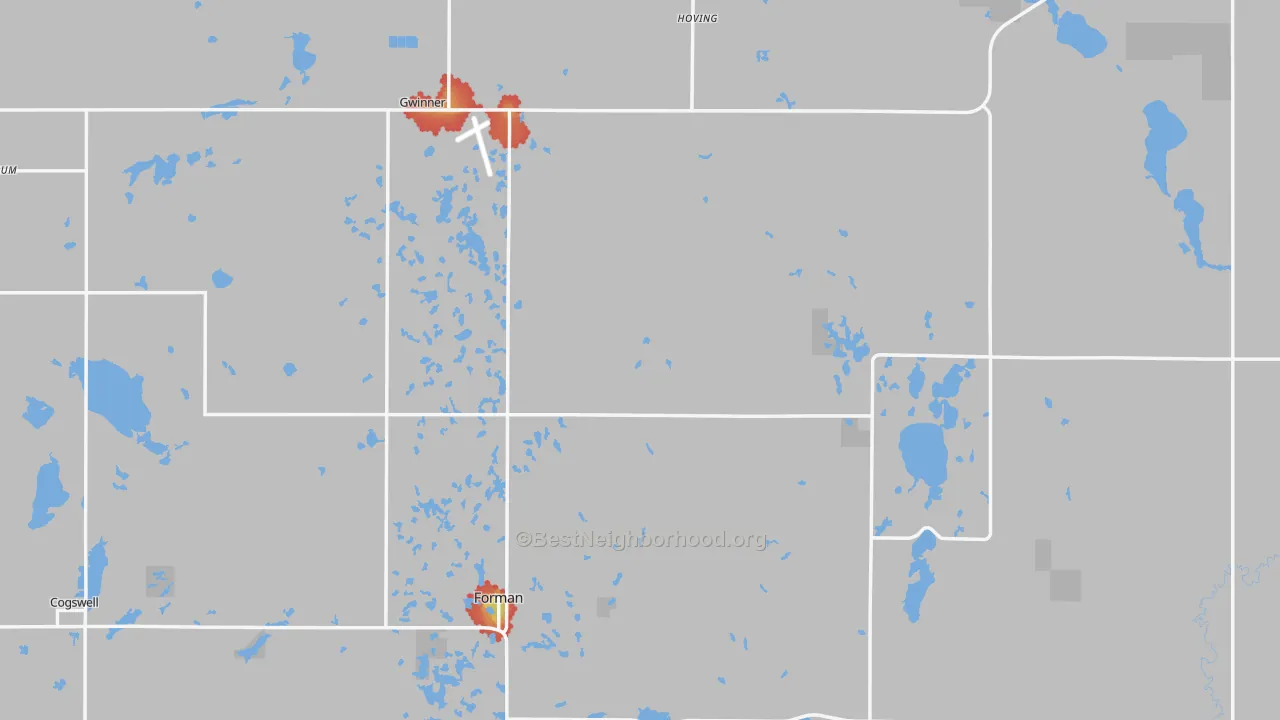 Walk Grade map of Sargent County, ND, walkable areas in green and car-dependent areas in red