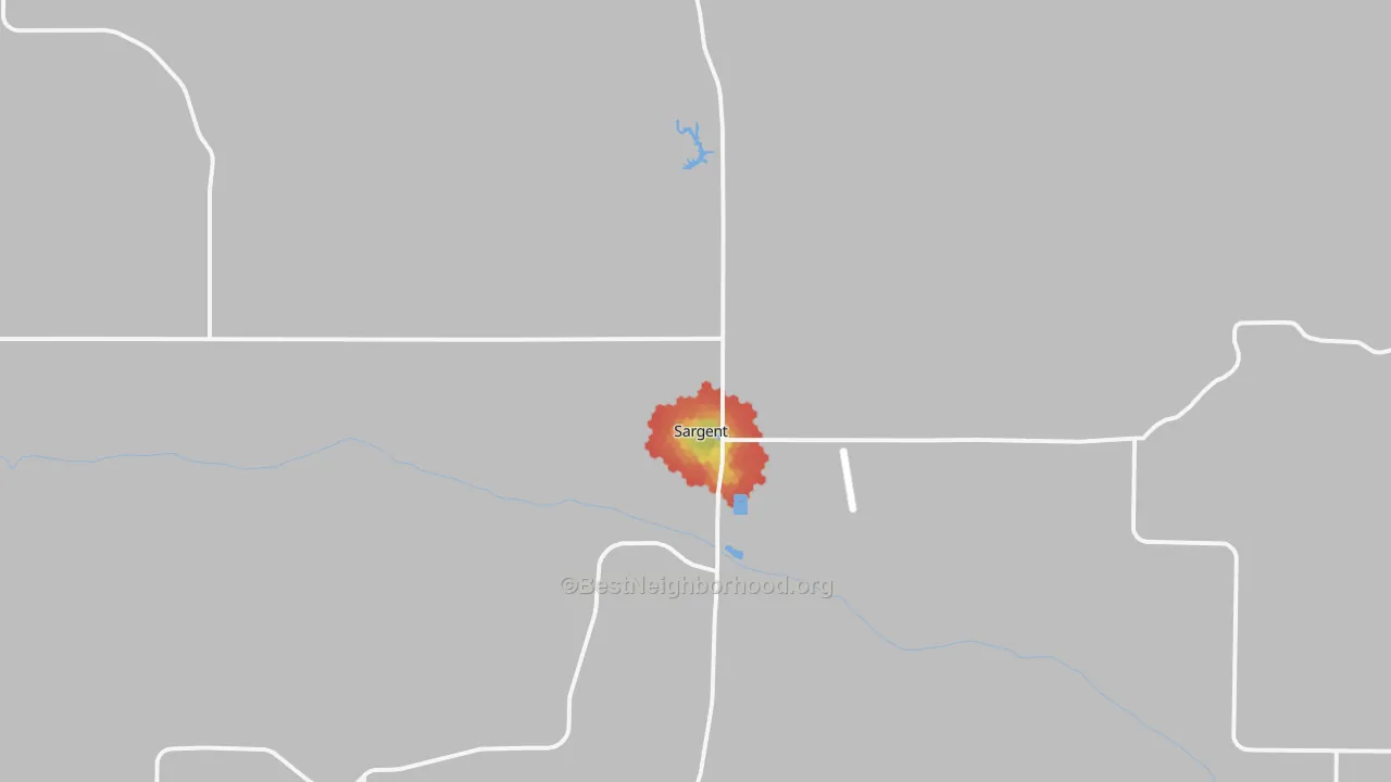 Walk Grade map of Sargent, NE, walkable areas in green and car-dependent areas in red
