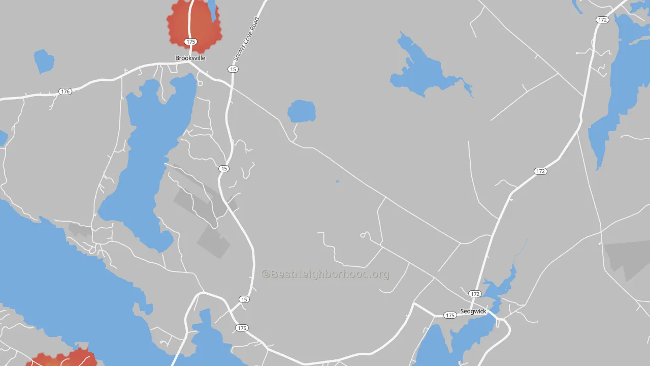 Walk Grade map of Sargentville, ME, walkable areas in green and car-dependent areas in red