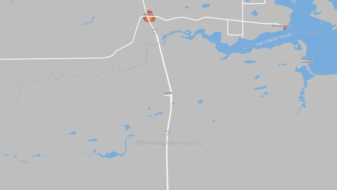 Walk Grade map of Sarita, TX, walkable areas in green and car-dependent areas in red