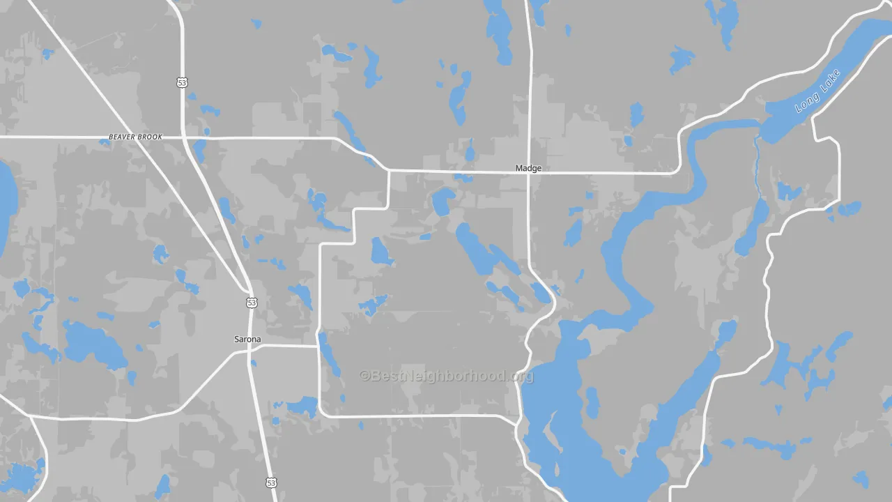 Walk Grade map of Sarona, WI, walkable areas in green and car-dependent areas in red