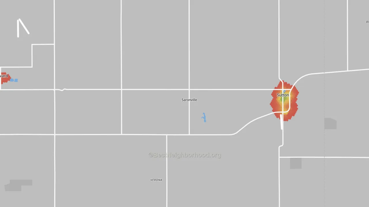 Walk Grade map of Saronville, NE, walkable areas in green and car-dependent areas in red