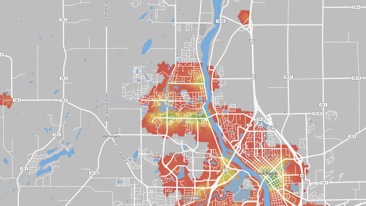 Walk Grade map of Sartell, MN, walkable areas in green and car-dependent areas in red