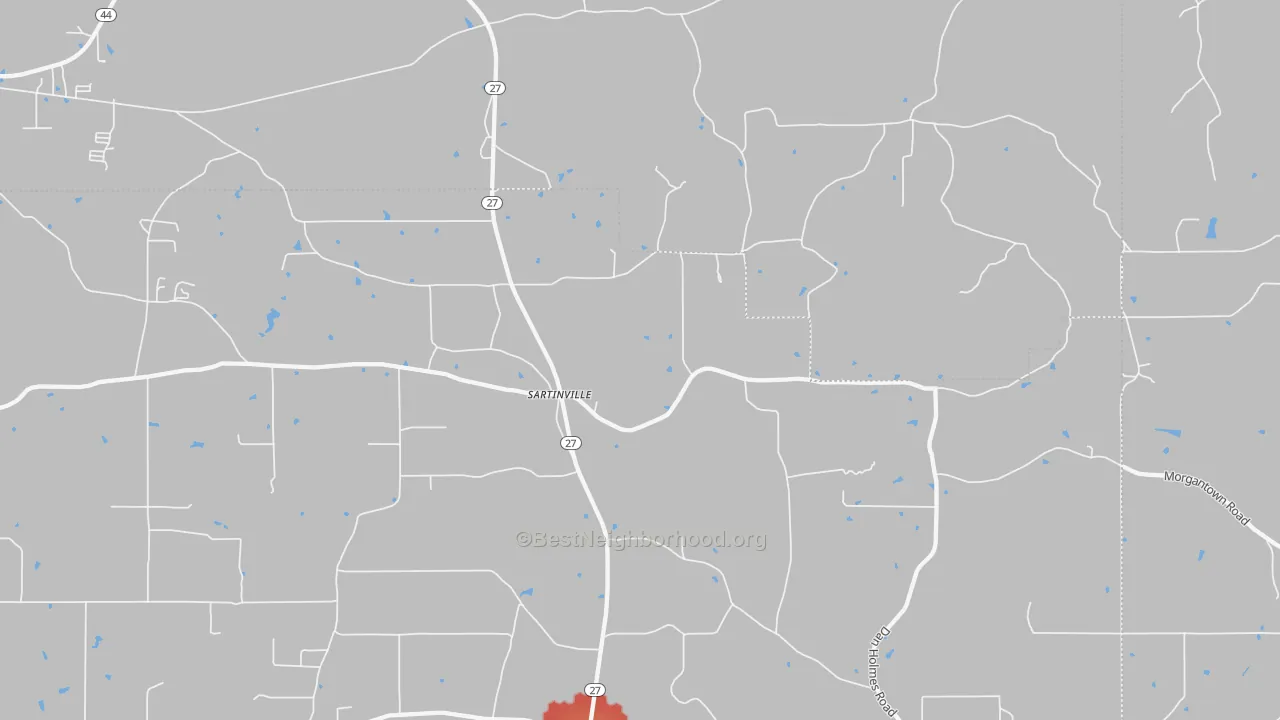Walk Grade map of Sartinsville, MS, walkable areas in green and car-dependent areas in red
