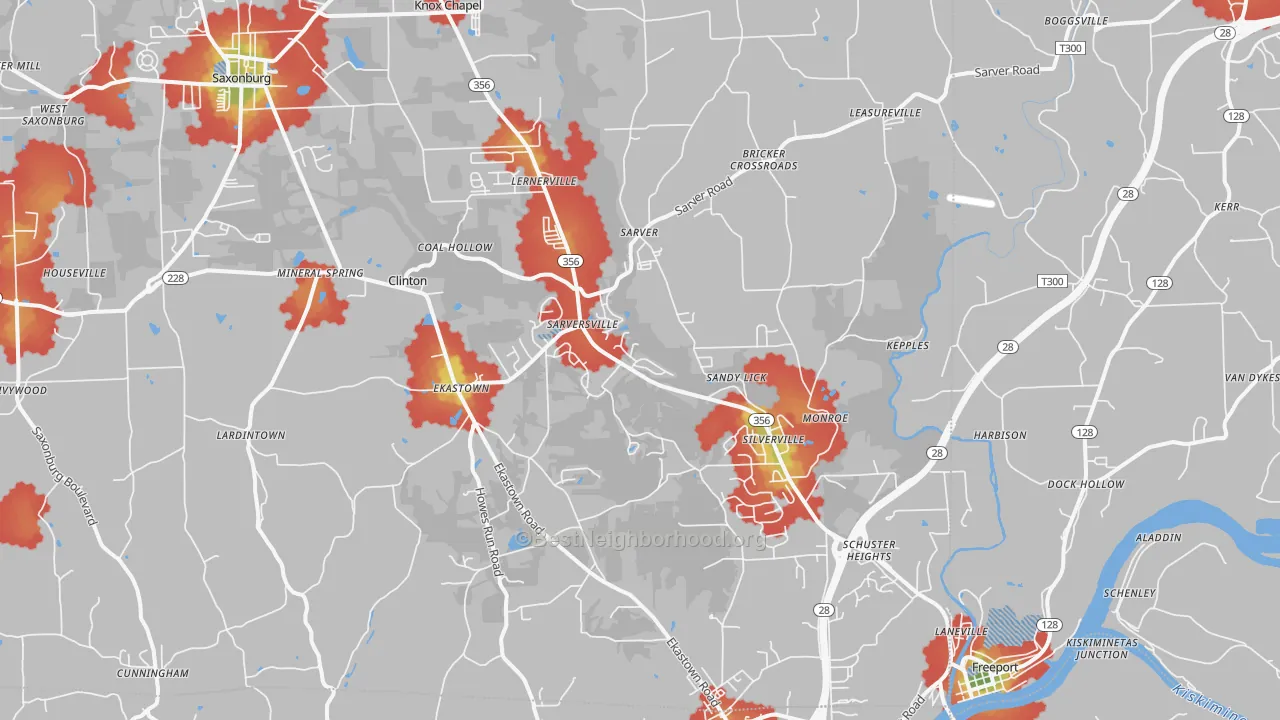 Walk Grade map of Sarver, PA, walkable areas in green and car-dependent areas in red