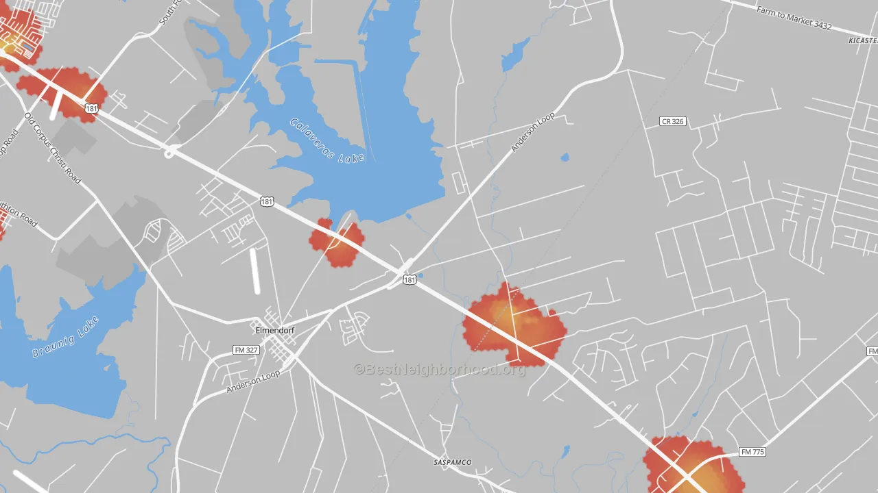 Walk Grade map of Saspamco, TX, walkable areas in green and car-dependent areas in red