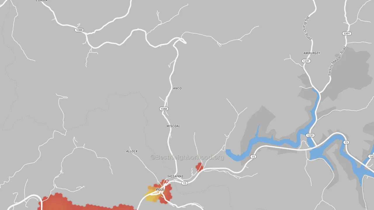 Walk Grade map of Sassafras, KY, walkable areas in green and car-dependent areas in red
