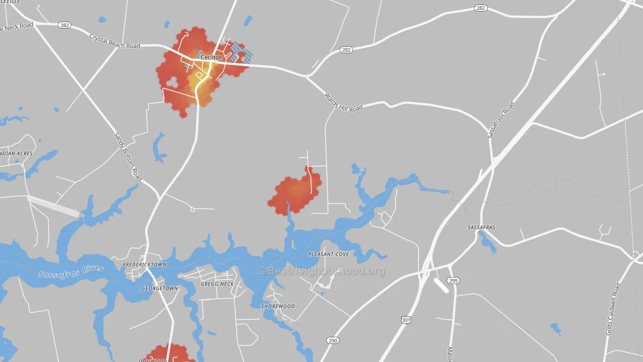 Walk Grade map of Sassafras, MD, walkable areas in green and car-dependent areas in red