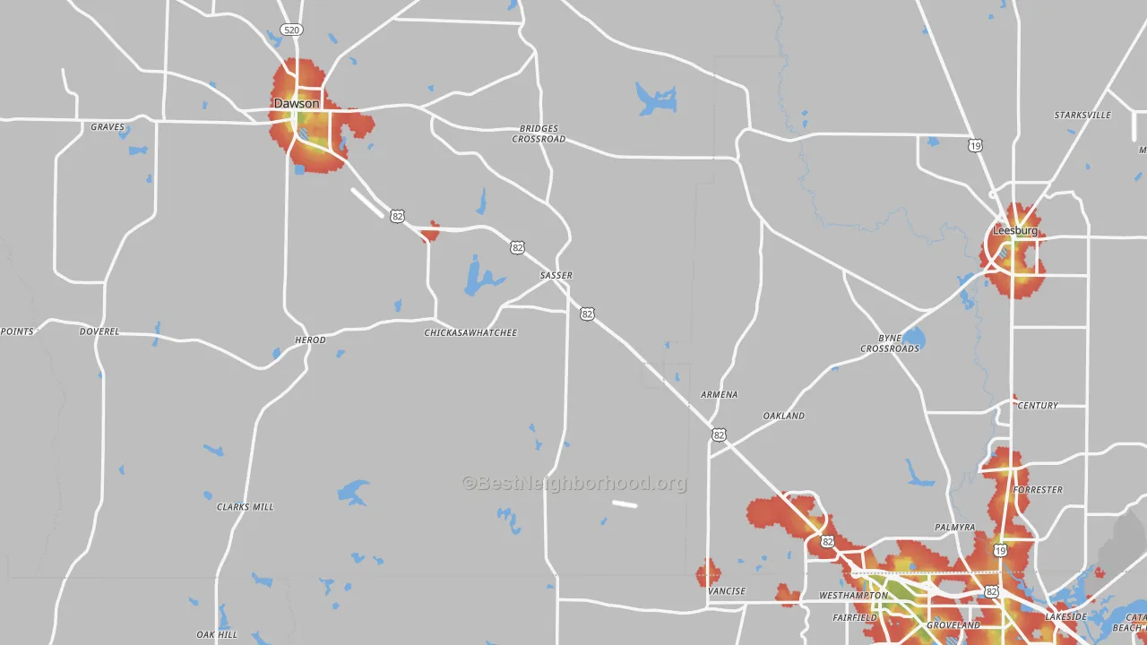 Walk Grade map of Sasser, GA, walkable areas in green and car-dependent areas in red