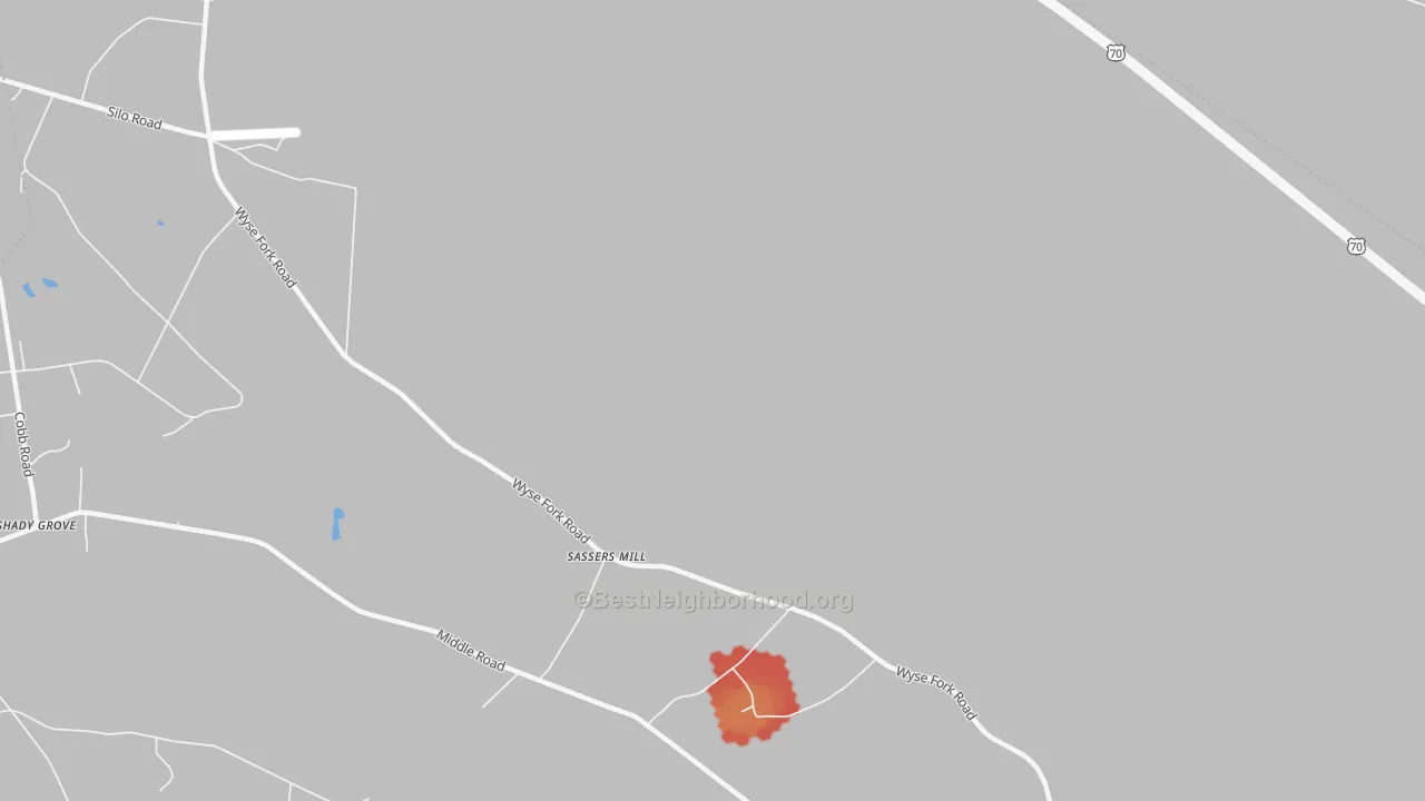 Walk Grade map of Sassers Mill, NC, walkable areas in green and car-dependent areas in red