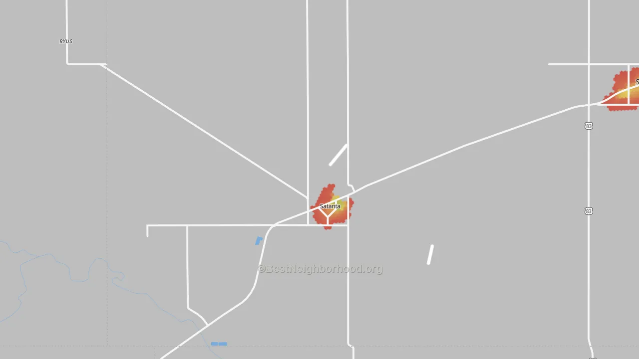 Walk Grade map of Satanta, KS, walkable areas in green and car-dependent areas in red