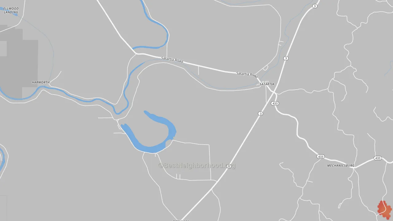 Walk Grade map of Satartia, MS, walkable areas in green and car-dependent areas in red
