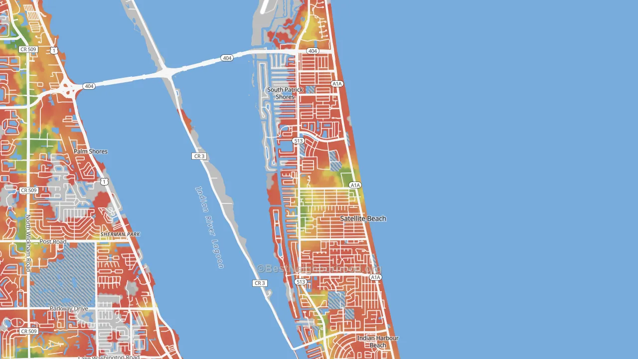 Walk Grade map of Satellite Beach, FL, walkable areas in green and car-dependent areas in red