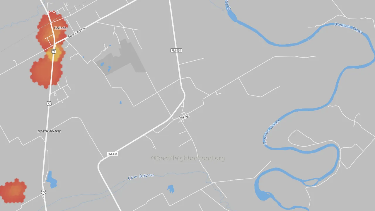 Walk Grade map of Satin, TX, walkable areas in green and car-dependent areas in red