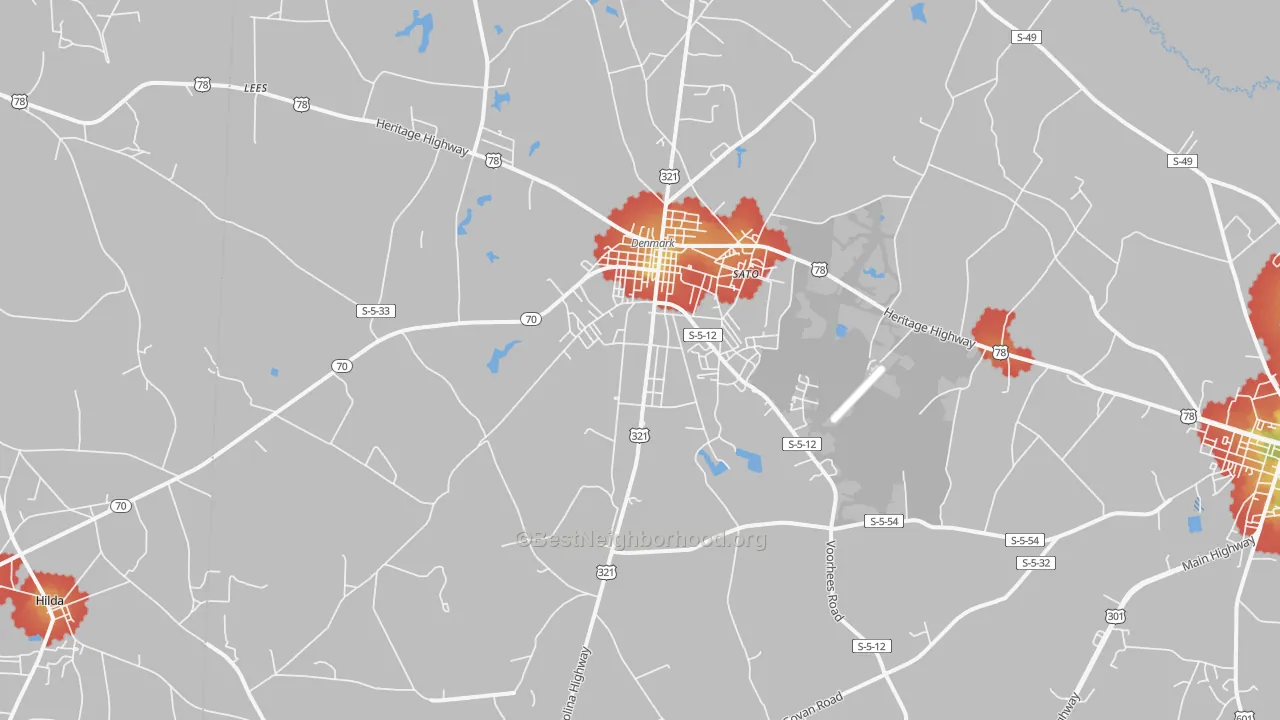 Walk Grade map of Sato, SC, walkable areas in green and car-dependent areas in red