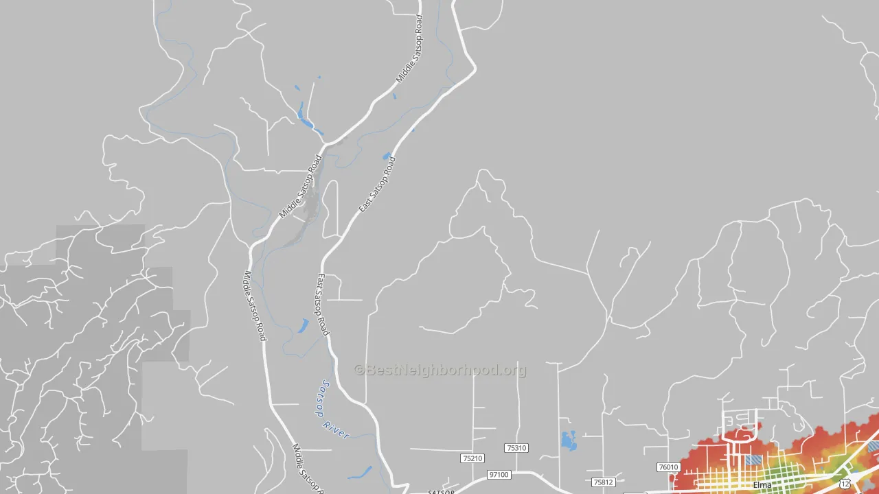 Walk Grade map of Satsop, WA, walkable areas in green and car-dependent areas in red