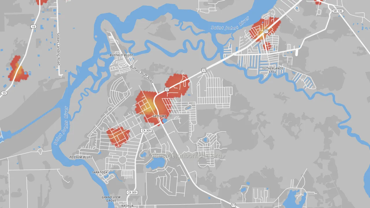 Walk Grade map of Satsuma, FL, walkable areas in green and car-dependent areas in red