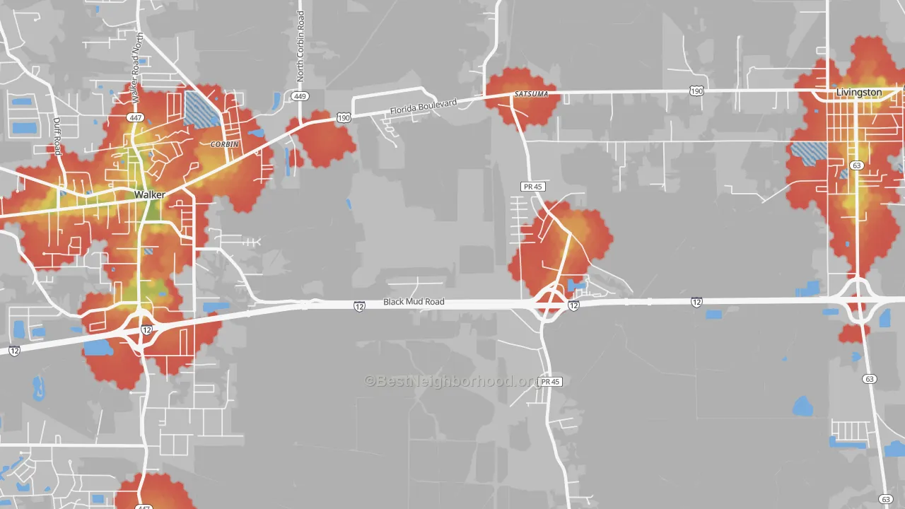 Walk Grade map of Satsuma, LA, walkable areas in green and car-dependent areas in red