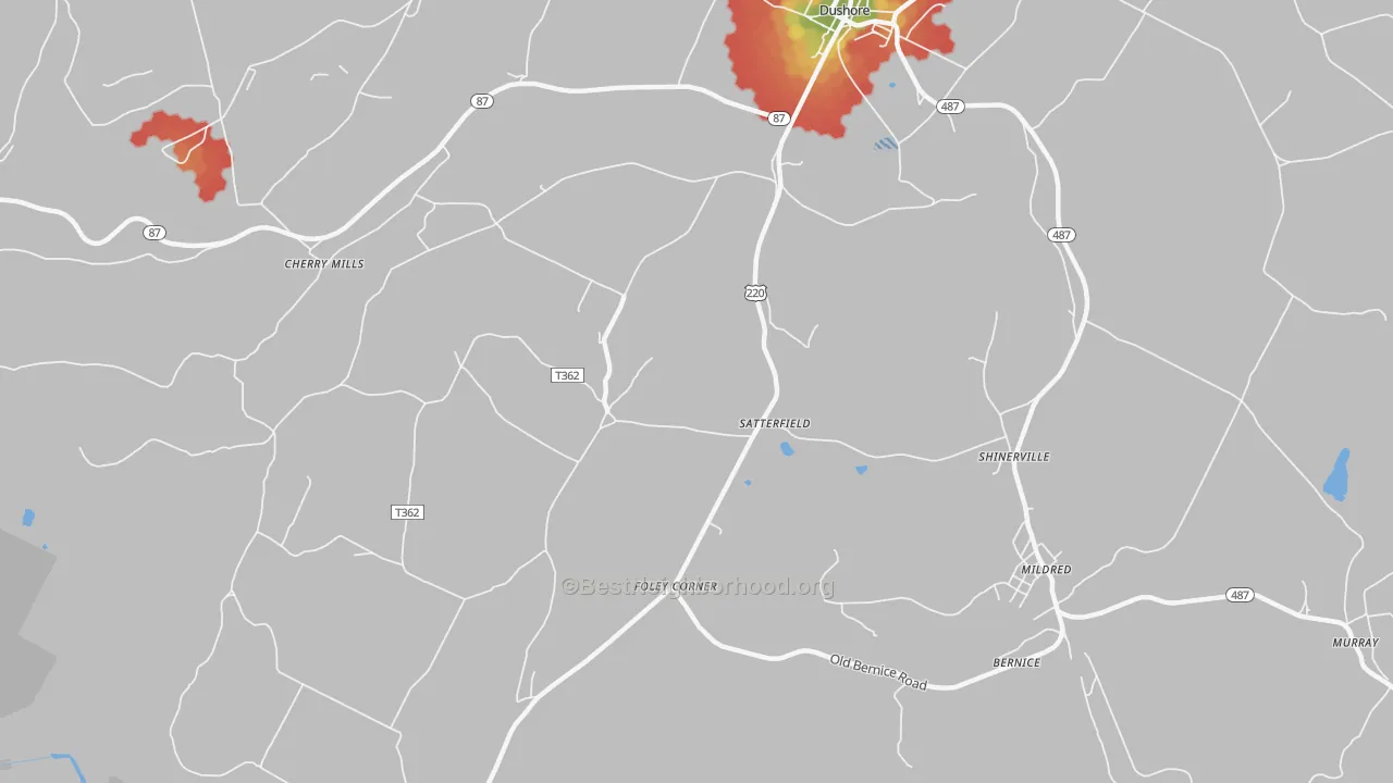 Walk Grade map of Satterfield, PA, walkable areas in green and car-dependent areas in red