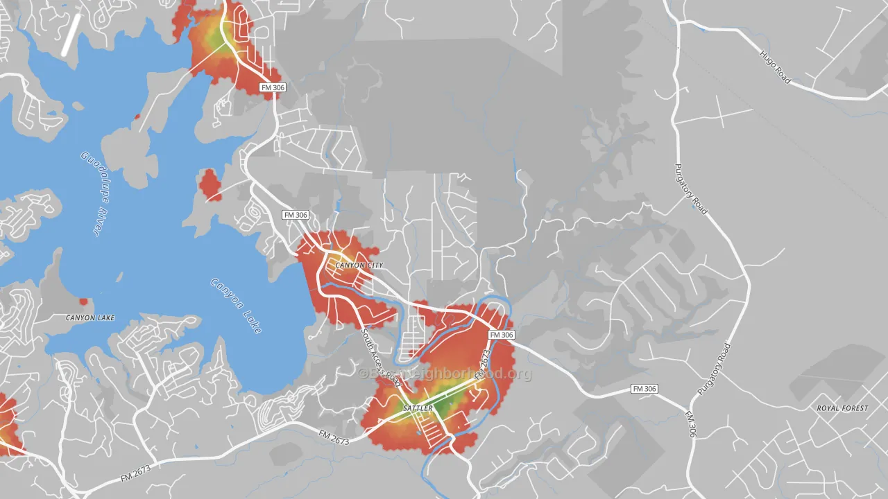 Walk Grade map of Sattler, TX, walkable areas in green and car-dependent areas in red
