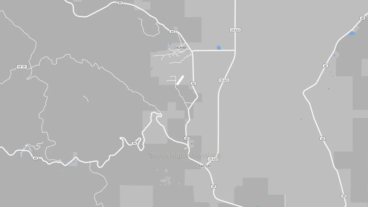 Walk Grade map of Sattley, CA, walkable areas in green and car-dependent areas in red