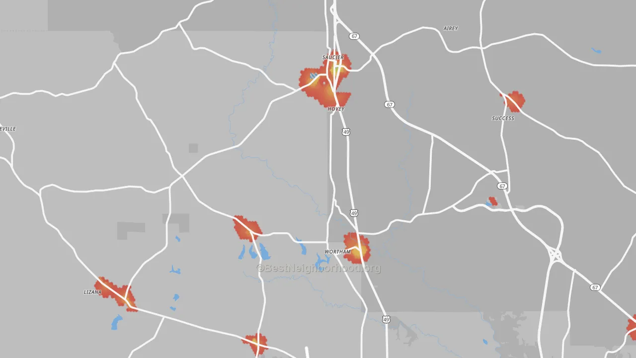 Walk Grade map of Saucier, MS, walkable areas in green and car-dependent areas in red