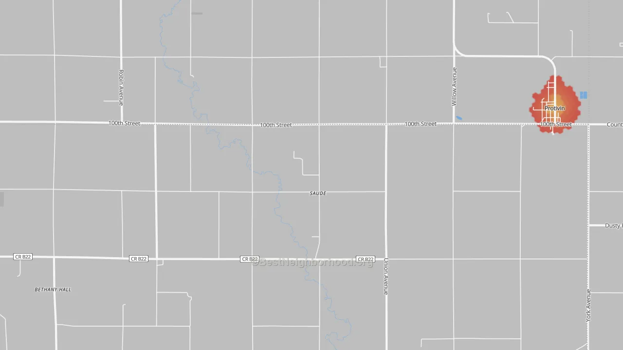 Walk Grade map of Saude, IA, walkable areas in green and car-dependent areas in red