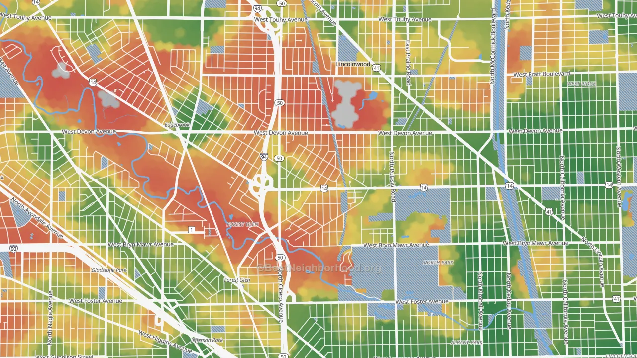 Walk Grade map of Sauganash, Chicago, IL, walkable areas in green and car-dependent areas in red