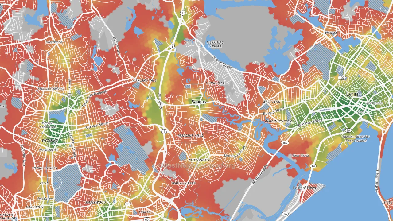 Walk Grade map of Saugus, MA, walkable areas in green and car-dependent areas in red
