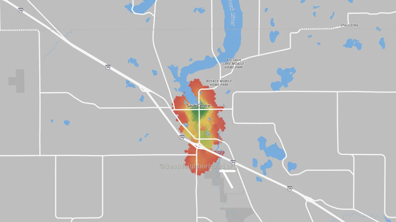 Walk Grade map of Sauk Centre, MN, walkable areas in green and car-dependent areas in red