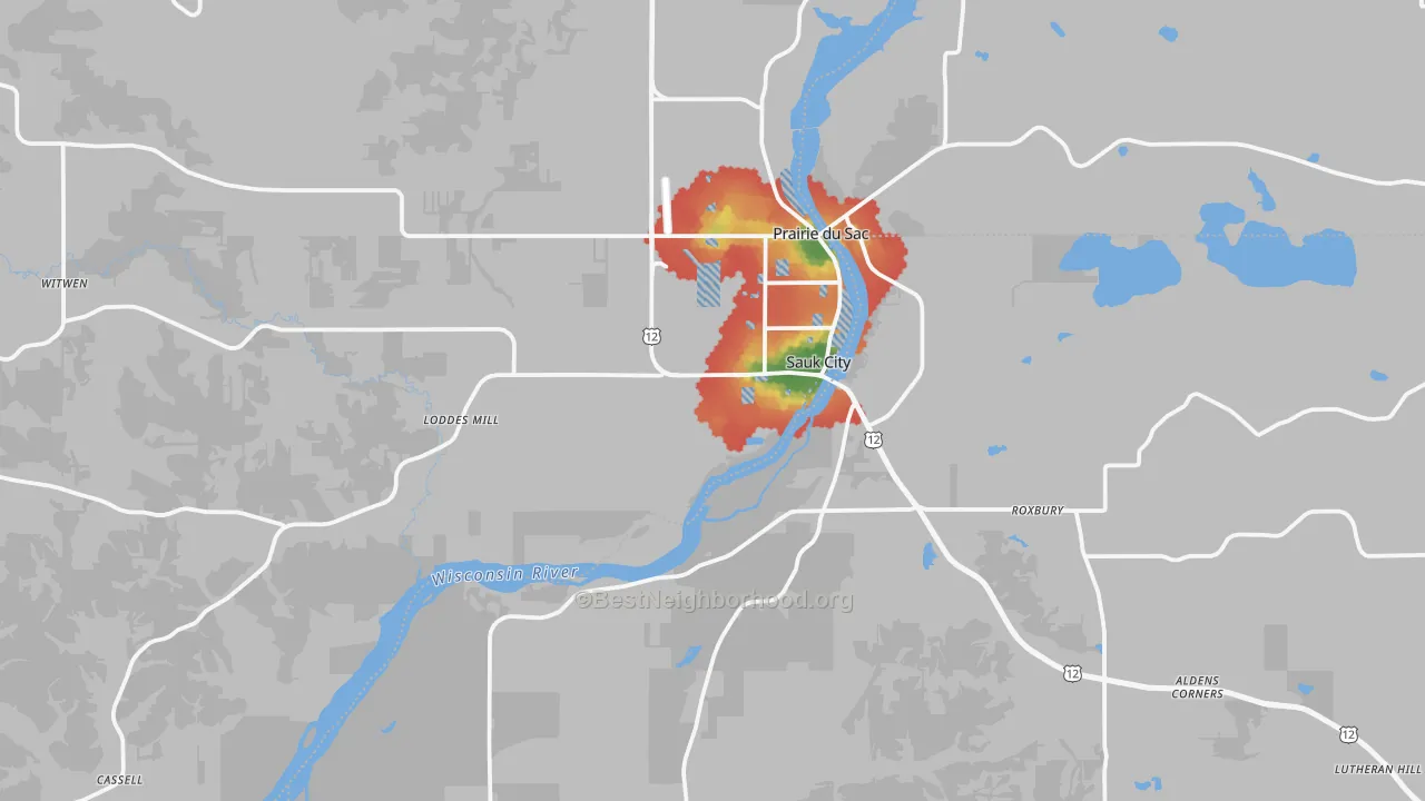 Walk Grade map of Sauk City, WI, walkable areas in green and car-dependent areas in red