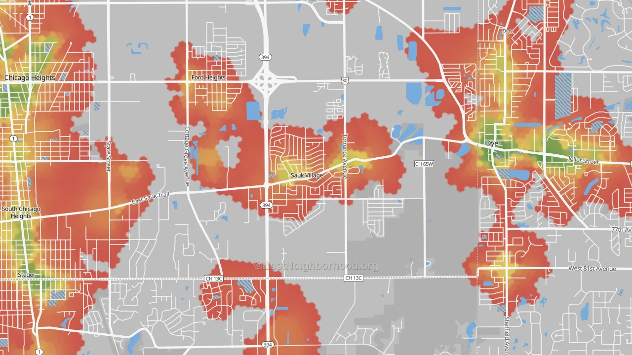 Walk Grade map of Sauk Village, IL, walkable areas in green and car-dependent areas in red